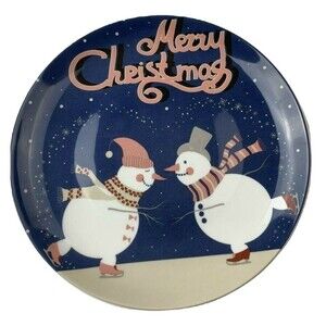Aurahouse Fine Bone China Christmas Plate Snowmen Skating 2015 Merry Christmas